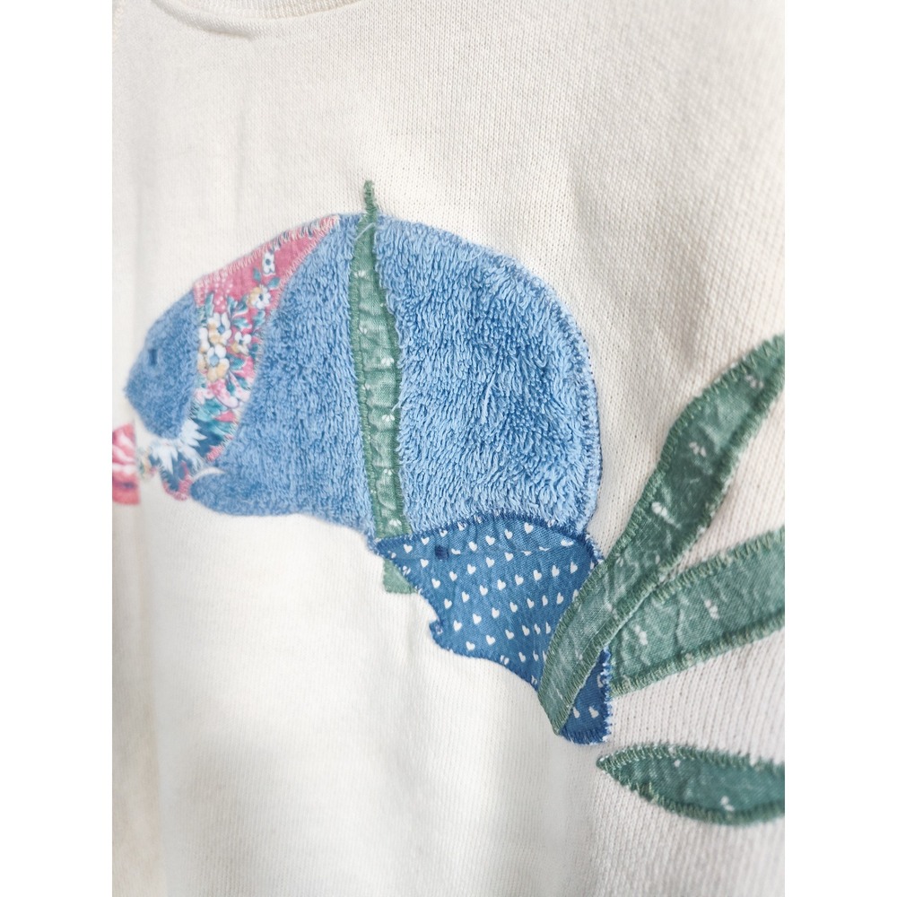 Vintage Sweatshirt Large Cream 80s Patchwork Hedgehog Applique Blue Pink‎ USA - Picture 4 of 7